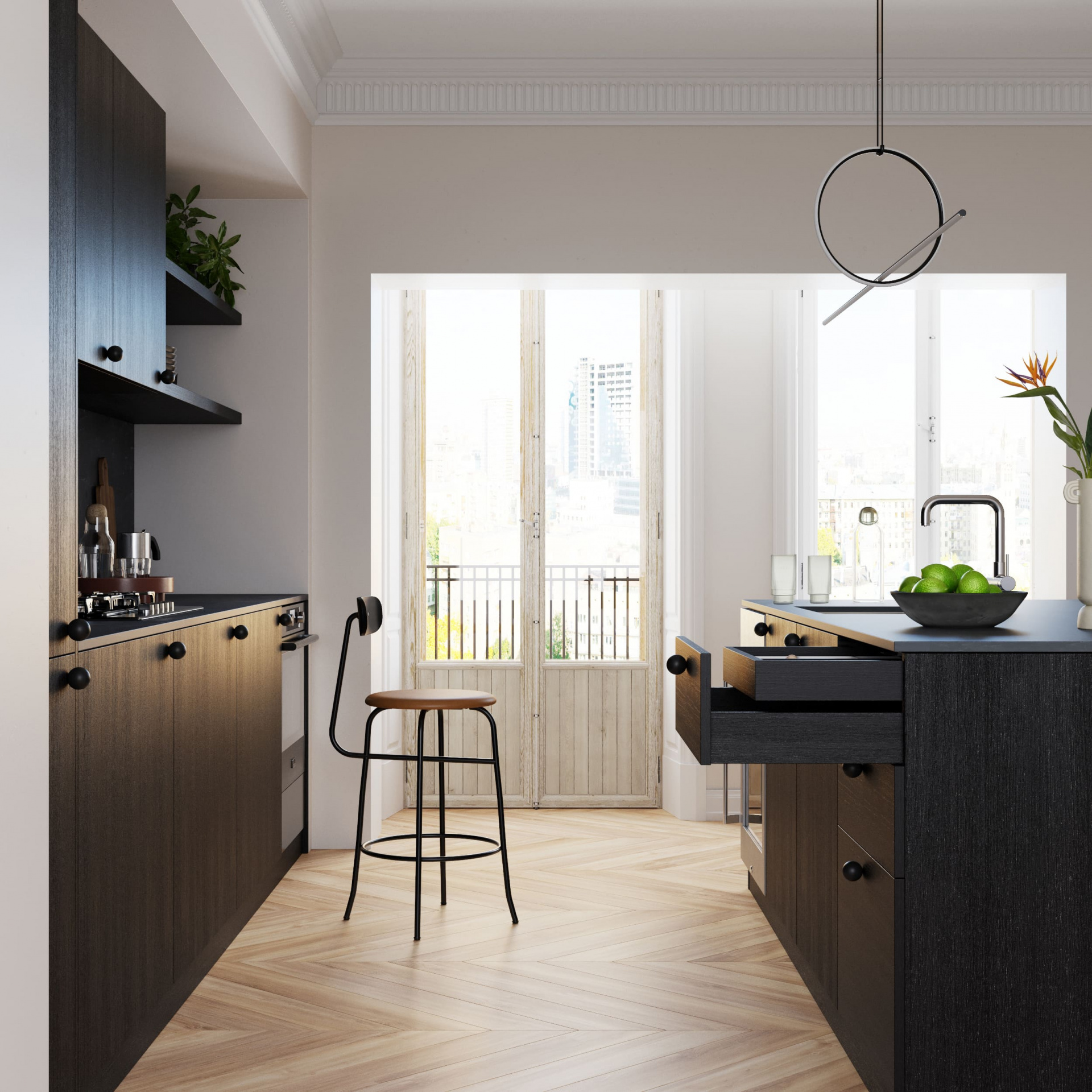 Мебель для кухни Black с островом и ручками-шариками Balls – эстонский бренд FRONTME.